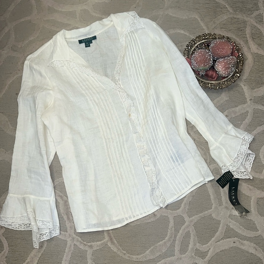 NWT🌷LAUREN RALPH LAUREN🌷Morton Hall Colonial Cream linen lace trimmed LS blouse